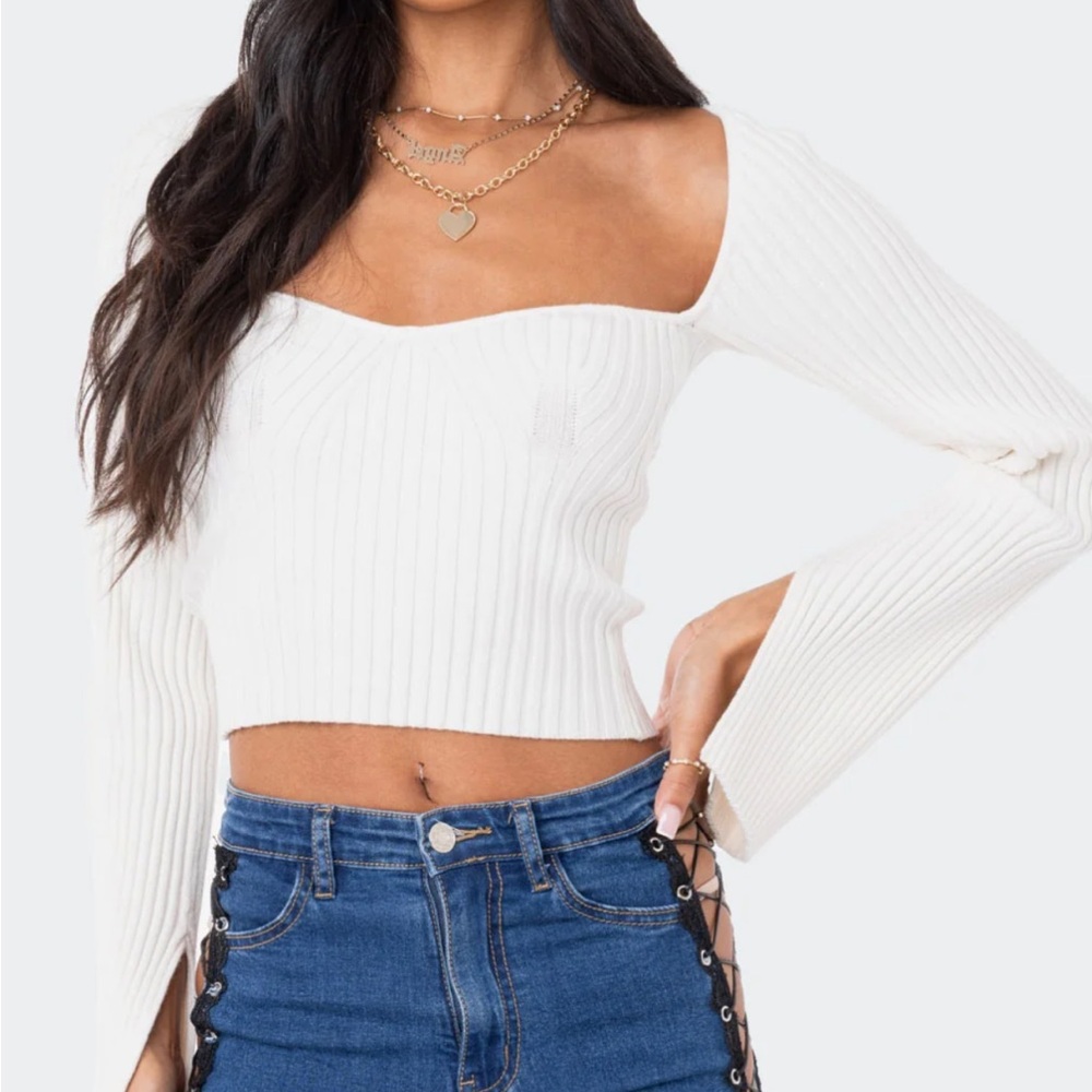 Edikted white Ribbed Knit Cropped Sweater